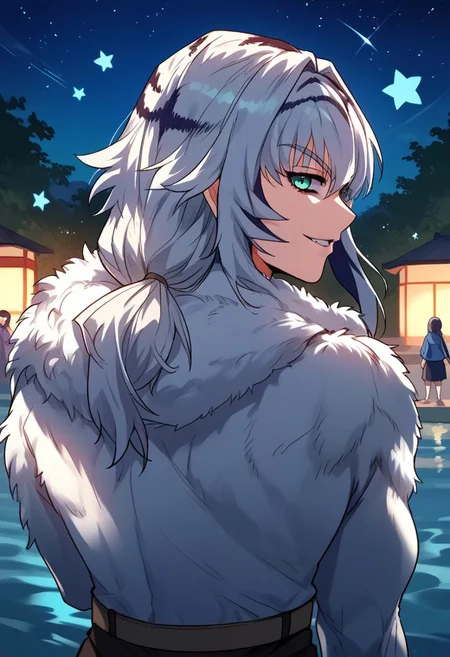zPDXL3, score_9_up, score_8_up, score_7_up, (Anime_source), 1girl, Yenlang, muscular female, teal eyes, multicolored hair, white hair, long hair, Yenlang clothes, (looking back), upper body, looking at viewer, smile, parted lips, night, star(sky), water waves, standing outside