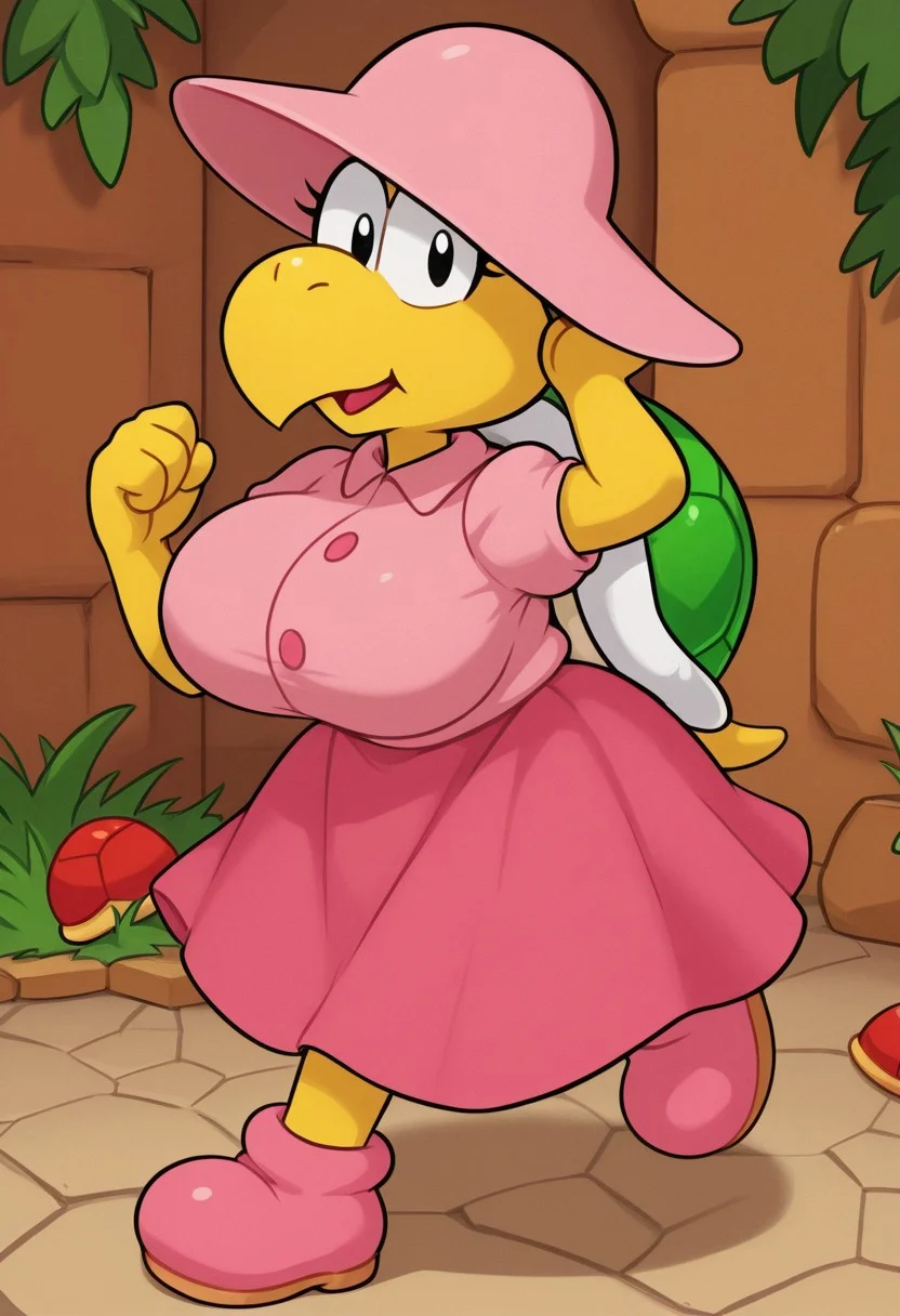 solo, 1girl, koopa troopa, female, thicc, big breasts, eyelashes, (red shell), pink shoes, pink wide brimmed hat, cute style
