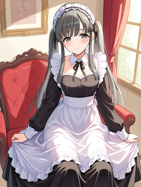 masterpiece,best quality,very aesthetic,absurdres,highres,newest,
1girl,solo,
kbykwse miyabinigohoushi,kobayakawa sae,black eyes,black hair,
dress,long hair,alternate costume,apron,black dress,black footwear,black ribbon,
blush,collarbone,detached collar,enmaided,frilled hairband,frills,hairband,
long sleeves,maid,neck ribbon,ribbon,sidelocks,twintails,white apron, long dress
<lora:idolmaster_kobayakawa_sae_ill_v1.0:1>,