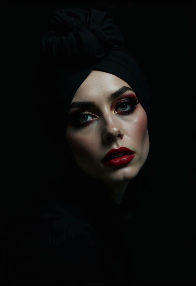 Dark background, a sensual female demon, eyeshadow, close up, black turban, volumetric lighting, cinematic horror, aesthetic, movie poster style, award winning