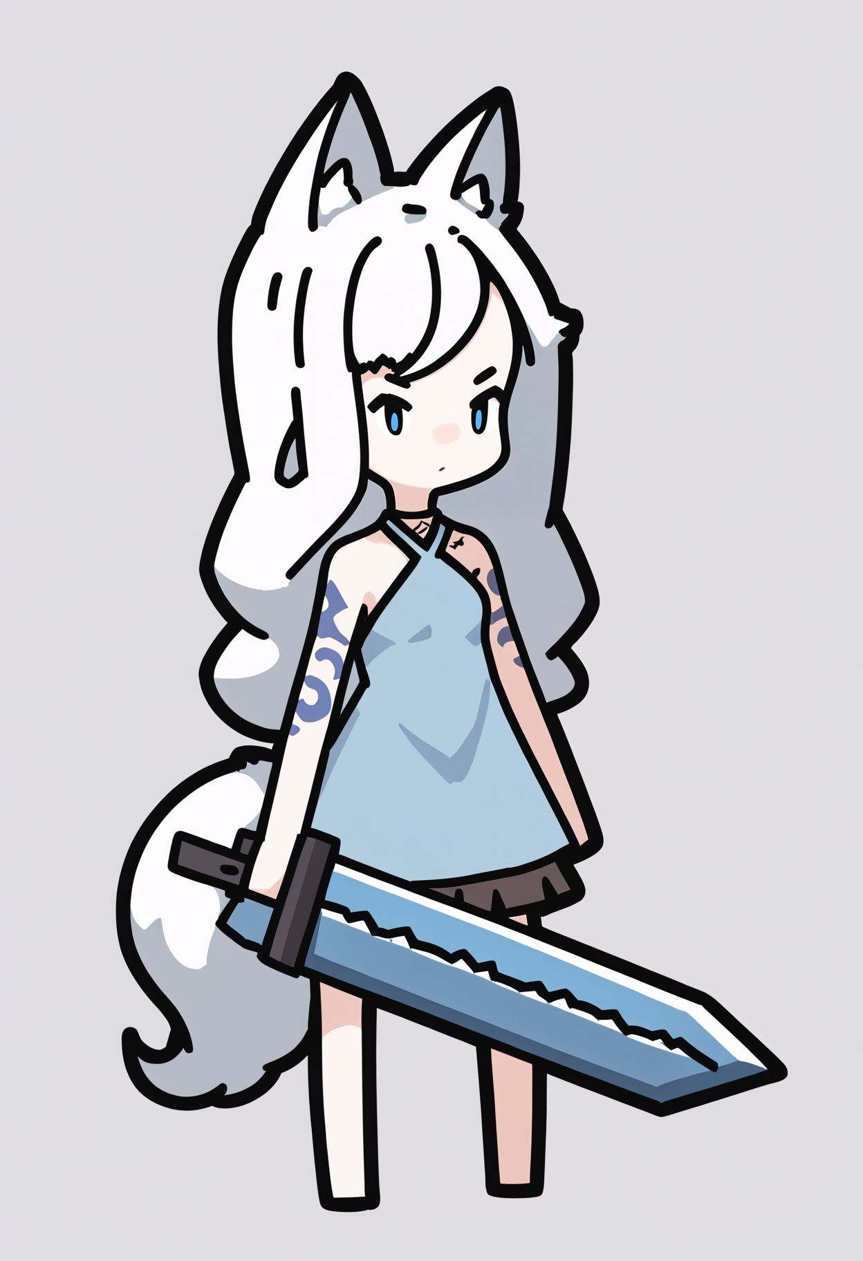 score_9, score_8_up, score_7_up, score_6_up, score_5_up, score_4_up, BREAK
1girl, long hair, white hair, blue eyes,
chibi, wolf ears, wolf girl, wolf tail,
bare shoulders, tattoo, dress, holding a giant sword, huge weapon,
standing, full body, solo, looking at viewer, simple background, white background    <lora:RabbitAndSteelXLLocon:1>