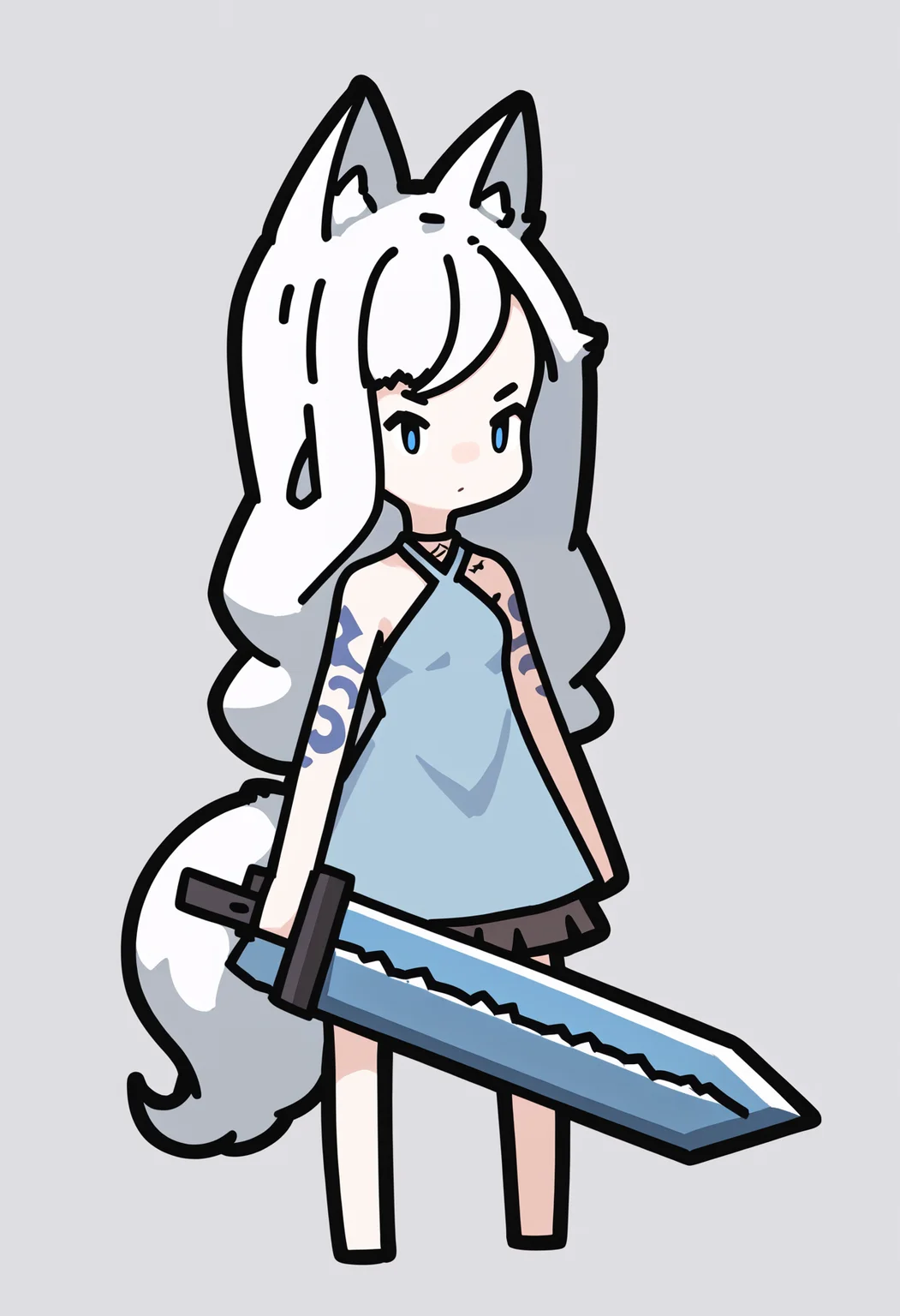 score_9, score_8_up, score_7_up, score_6_up, score_5_up, score_4_up, BREAK
1girl, long hair, white hair, blue eyes,
chibi, wolf ears, wolf girl, wolf tail,
bare shoulders, tattoo, dress, holding a giant sword, huge weapon,
standing, full body, solo, looking at viewer, simple background, white background <lora:RabbitAndSteelXLLocon:1>