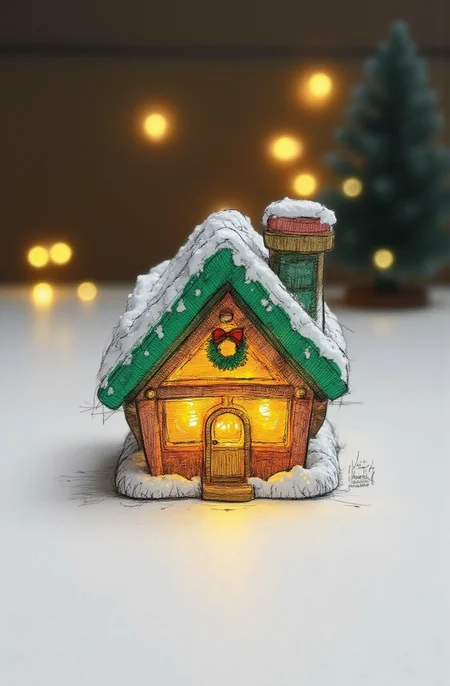 Sharp image of a rough sketch, rendered in vibrant multi colour ballpoint pen, capturing the adorable features of a small figurine of a house with a green roof and a chimney. The house is lit up with a warm yellow light, creating a cozy and festive atmosphere. The front of the house has a small arched doorway with a wreath hanging above it. The roof is covered in snow, giving the house a wintery feel. The figurine is placed on a white surface, and there is a small Christmas tree in the background with lights shining on it.  p3nsk, <lora:p3nsk:1>