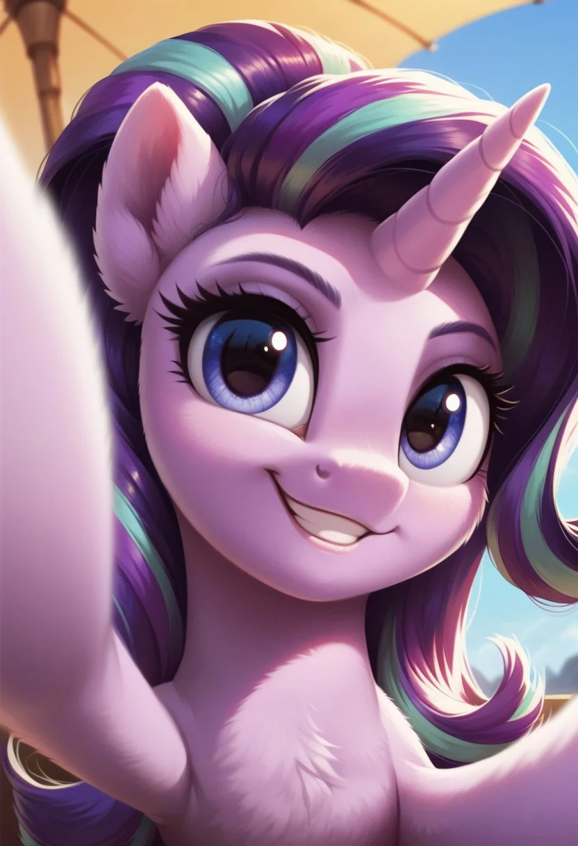 score_9, score_8_up, score_7_up, score_6_up, score_5_up, score_4_up, my little pony, ((feral pony)), Starlight Glimmer, 1girl, ((solo)), (sexy), beautiful, detailed, (detailed cute pony face), detailed eyes, detailed fur, detailed hooves, beautiful, vector, flat colors, (beautiful long eyelashes), (beautiful hooves), simple background, colorful background, (looking at you, looking at viewer:1.5), selfie, smiling, one eye closed, ((close-up)), high angle