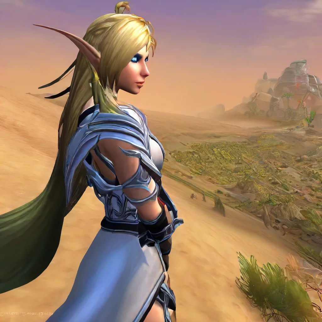 1girl, Alleria <lora:Alleria SDXL:.7>, in the desert, blonde hair