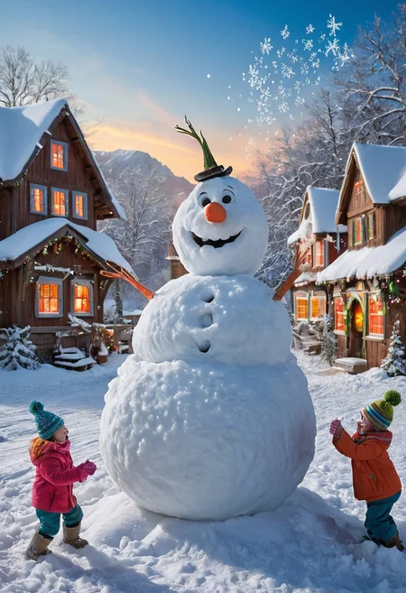 A whimsical and enchanting scene capturing the beauty of intricately designed snowflakes, playfully interacting in a humorous winter setting. The snowflakes, each uniquely shaped and sparkling with crystalline details, are depicted as lively characters with expressive faces, engaged in a snowball fight amongst a backdrop of a cozy, snow-covered village. Surrounding elements include cheerful children bundled in colorful winter attire, building a snowman with a comically oversized carrot nose, while fluffy snow drifts softly blanket the ground. The sky is a soft pastel blue, filled with gentle, swirling snowflakes, creating a lighthearted and magical winter wonderland atmosphere.