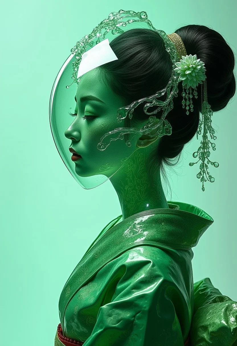 A geisha in Sorayama style with a thick layer of clear glass head and face, flowing fractal beneath the surface, elegant kimono pose made of glass, emerald angelic scene, futuristic, <lora:models\Flux\Elden_Ring_-_Yoshitaka_Amano:0.75>,,