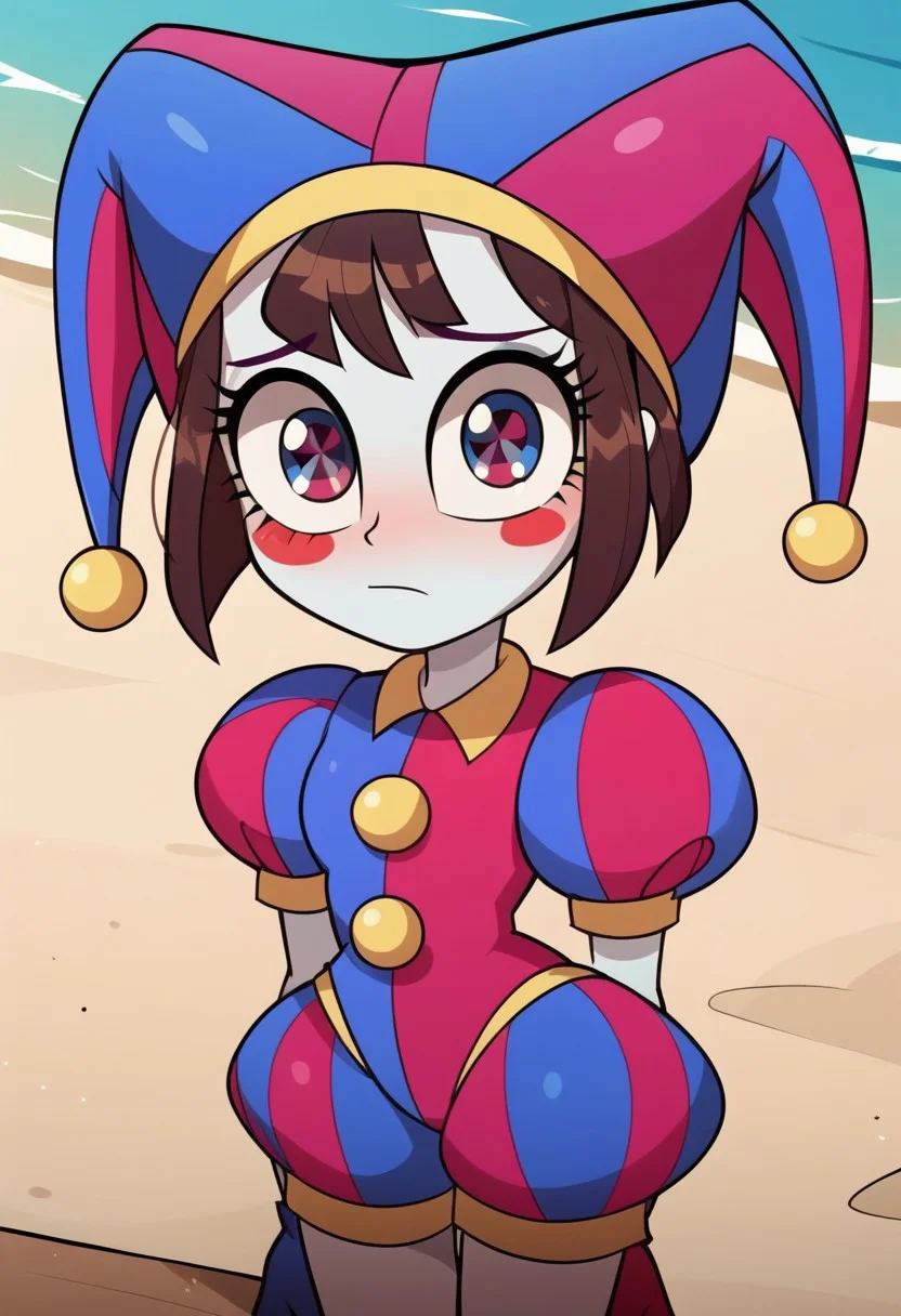 detailed blush stickers, worried face, shameless girl, looking at you, half closed eyes, closed mouth, close-up, score_9, score_8_up, score_7_up, score_6_up, score_5_up, score_4_up, puffy shorts sleeves, Pomni, brown hair, short hair, colored skin, white skin, blush stickers, jester cap, beach, sand, standing, legs, horny, my little pony, (flat shading, soft shading), ((equestria girls, show accurate:1.2)), sexy, cute, solo, 1girl, Equestria Girls