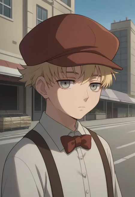 score_9, score_8_up, source_anime, highly detailed,
july_d, solo, hat, blonde hair, expressionless, grey eyes, 1boy, male focus, looking at viewer, suspenders, bow, bowtie, shirt, white shirt, upper body
outdoor, street, buildings, sky,