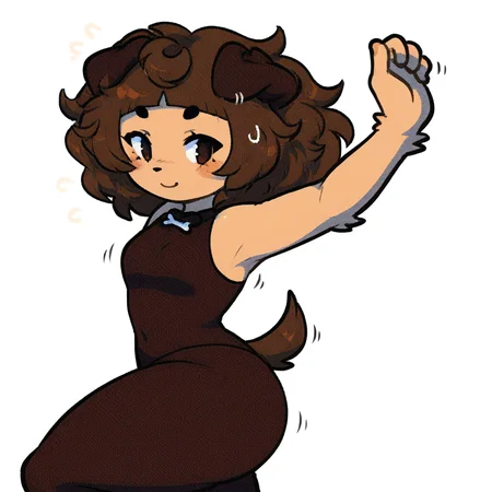 Mimi Typh, clean lines, Mimi, solo, human dog, furry, brown hair, brown eyes, light brown skin, floppy dark brown dog ears, brown tail, medium sized breast, large butt, small blush, thick thighs, dancing, white background, smiling
