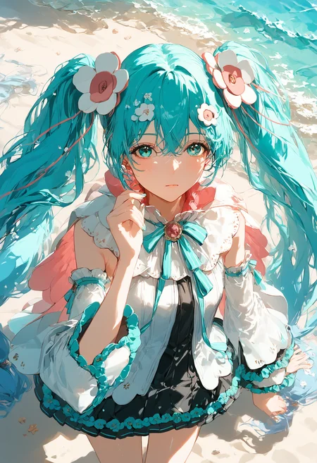 score_9,score_8_up,score_7_up,,source_anime BREAK, 1girl, solo,, MHM21, hatsune miku, hair ornament, flower, twintails, magical mirai miku, long hair, detached sleeves, aqua hair, very long hair, wide sleeves, medallion, white sleeves, aqua ribbon, aqua eyes, cape, hair between eyes s1_dram, from above, on beach<lora:ãã¸ã«ã«ãã©ã¤2021:1>,<lora:S1_Dramatic_Lighting_v2:0.8>