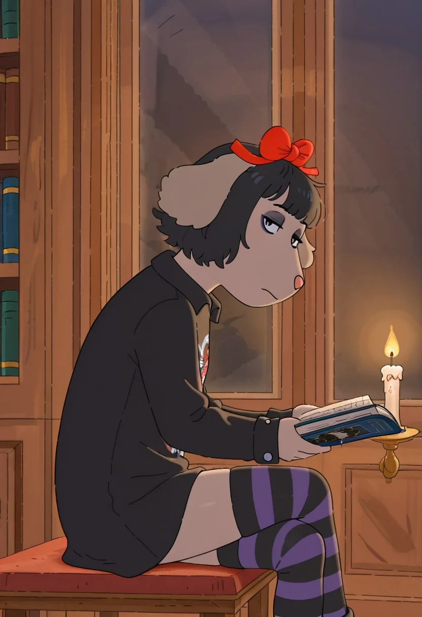 Fern Walters,, 1girl, solo, anthropomorphic dog, animal ears, tannish grey fur. red bow on her head,, emo, black hair, emo hair, dark eyeliner, makeup, sitting, crossed legs, library, reading book, striped thigh highs, goth, goth girl, emo girl, side view, bored, looking at viewer, dark lighting, lit by candle,