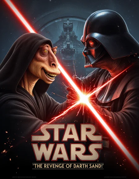 A movie poster depicting an epic Star Wars movie acclaimed by all critics. The main scene is composed by ((Darth_Jar)) wearing his black hooded sith_robe fighting ((Darth Vader with his red eyes helmet)) in a lightsabers duel, facing each other. (The title of the movie, written on the poster with the same font from the Star Wars movies, (is ("STAR WARS - (("THE REVENGE OF DARTH SAND!")))), aidmaTextImprover,. (The leading actor is Darth_Jar), portrayed as Sith Lord wearing his black Sith_Robe. He is wielding a red lightsaber, crackling with energy and power. He laughs maniacally while fighting Darth Vader, their two lightsabers clashing against each other, and the two laser beams clash against each other, sparking, as they fight in an epic battle. The background is set inside a Star Wars Star Destroyer. <lora:Darth_Jar_Flux:0.95>, <lora:TextimproverV0.4:0.5>,