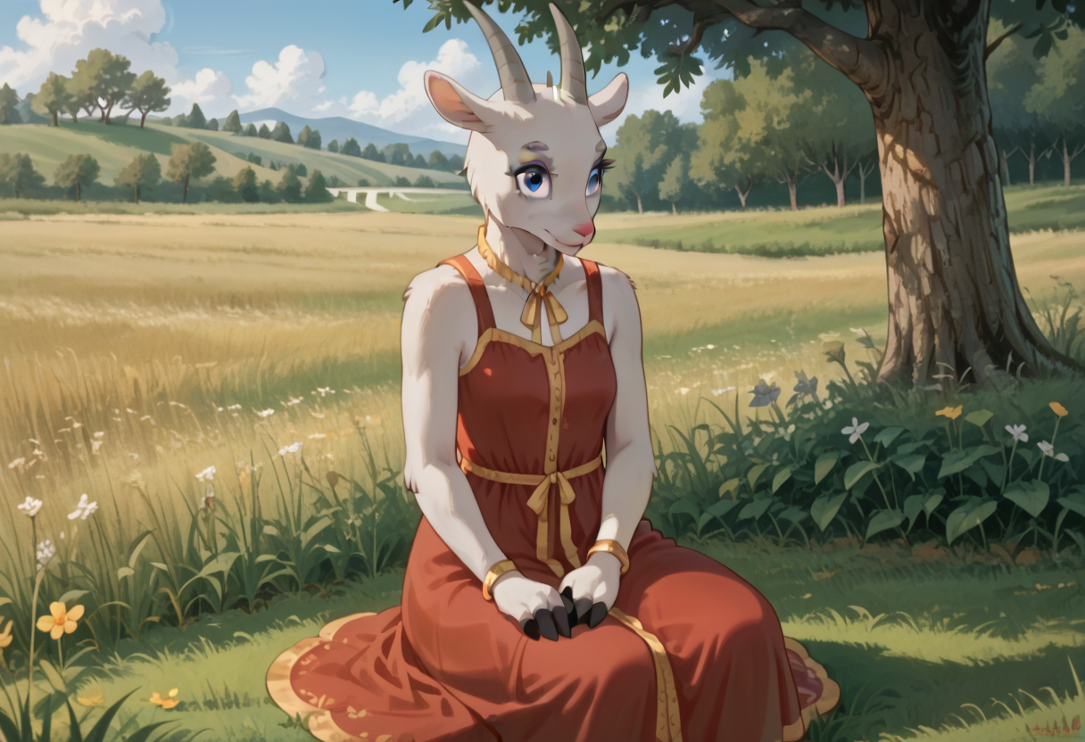 score_9, score_8_up, score_7_up, g04t, 1girl, solo, furry, goat, blue eyes, grey fur, horns, red dress, sleeveless, cowboy shot, meadow, sitting on ground,