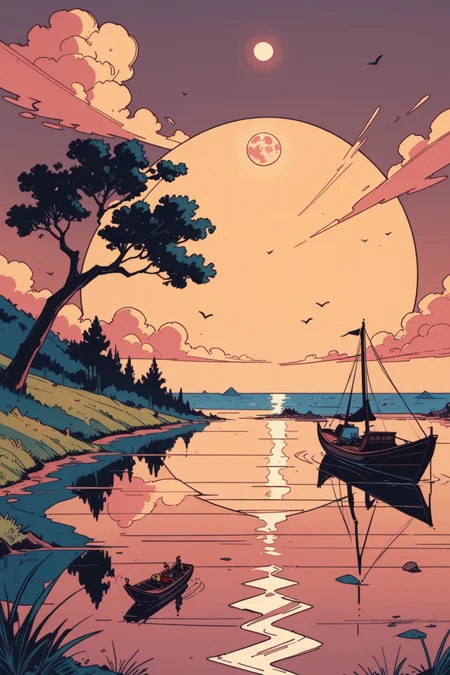 watercraft, scenery, outdoors, no humans, cloud, water, moon, sky, boat, ocean, tree, signature, reflection, a_Comic_Illustration, rough lines with ink, (drawn:1.1), (sketch:1.5), (crosshatching:1.25), (comic style:1.1), graphic novel style, sharp lines, hires, zstyle, (western comics \(style\):1.1), (hatching \(texture\):1.2), zPDXL, Mr_Monster_Possitive, <lora:Expressive_H:0.5>, score_9, score_8_up, score_8_up,