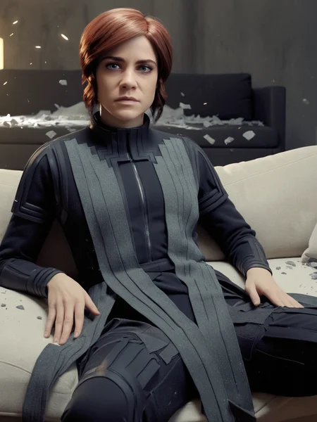 a woman,faced to viewer,dramatic lighting,particles,debris,solo,solo focus,
<lora:Jasse_Faden_v6_biglust:0.95>woman,jasfdn face,jas hair,asynch clothes,looking at viewer,clothed,Tattered Layers clothing,
reclining on sofa, rating_safe