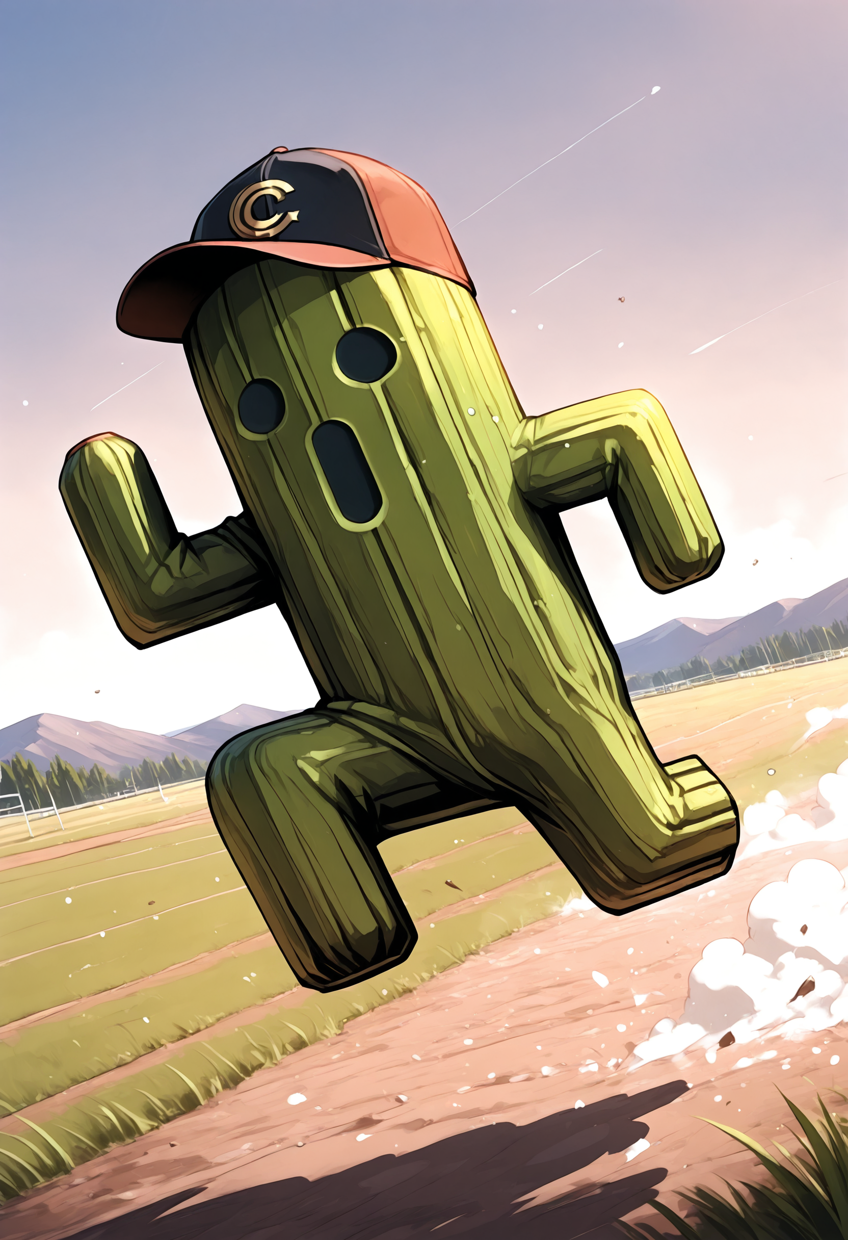 masterpiece,best quality,full_body,field,1other,
BREAK cactuar,no humans,green skin,black eyes,<lora:cactuar-IL:1>,running,baseball cap,