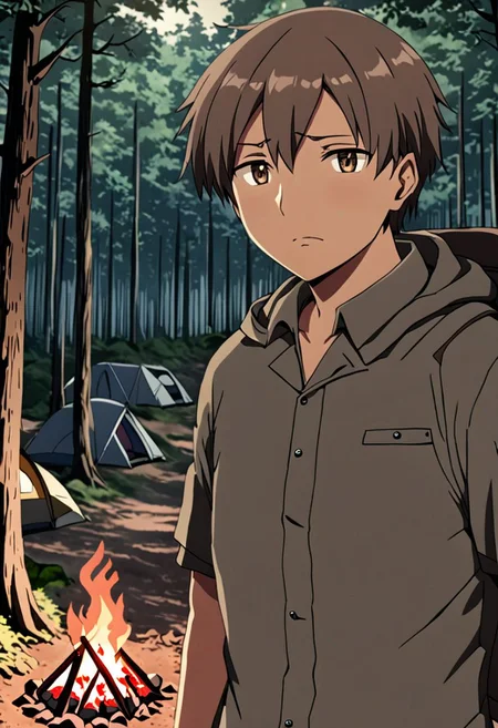 high resolution, solo, best quality, 1Boy, Takaki Toono, Brownish Hair, Brown Eyes, forest, camping, OverallDetail
