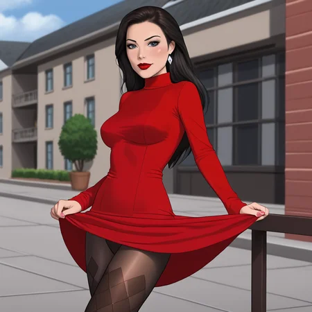 <lora:PhantomLady_pony_v1:.8>PhantomLadyCostume, 1girl,  medium breasts, black hair,  lipstick, makeup, long hair,  cowboy shot,  <lora:0965 Home wear 12_v1_pony:1> ruanyi0965,red dress,short dress,black pantyhose,argyle legwear,turtleneck,dress lift,bottomless,long sleeves