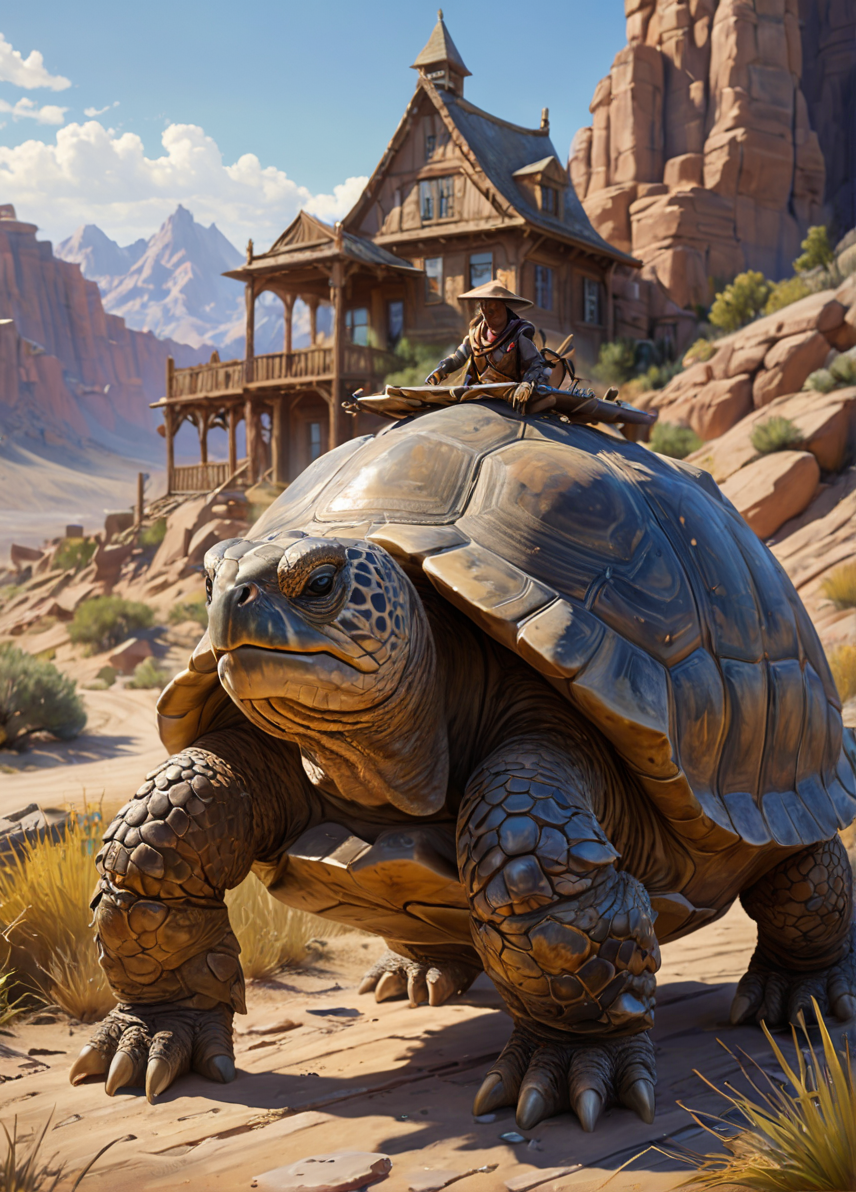 Amidst the rugged terrain of the Badlands, a colossal and intricately detailed tortoise moves at a steady pace, carrying a thriving village upon its weathered shell. This ancient creature exudes immense wisdom and steadfastness with each unhurried yet purposeful stride it takes. Carefully crafted buildings cling to the contours of its robust carapace, forming a unique community that exists harmoniously with their gentle giant companion. As they journey together across the unforgiving landscape, the villagers rely on the protection afforded by the mighty reptile's seemingly impenetrable armor and seek guidance from its timeless knowledge, forging bonds based on mutual respect and cooperation.  SimplePositiveXLv2,