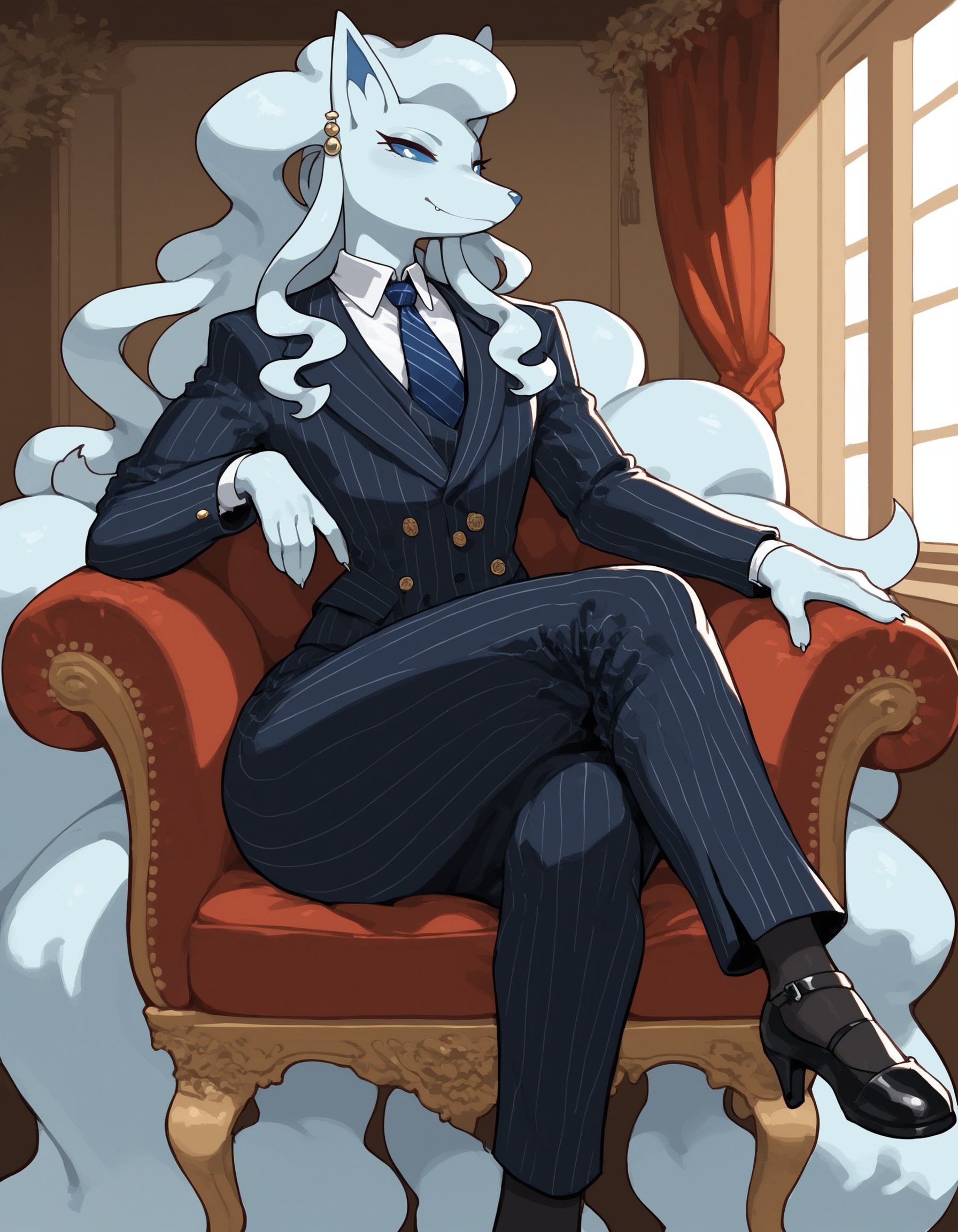 score_9, score_8_up, score_7_up, alolatales, long hair, multicolored skin, blue sclera, pokemon \(creature\), (solo), 1girl, anthro, femboy, girly, sitting, elegant, pinstripe pattern, jacket, pants, necktie, earrings, wide hips, looking at viewer, crossed legs, <lora:cefaa866-a58e-40ba-a219-79ab392f7d60:1.0>, <lora:e53e491a-5fdc-4e89-a631-132e968604de:0.9>