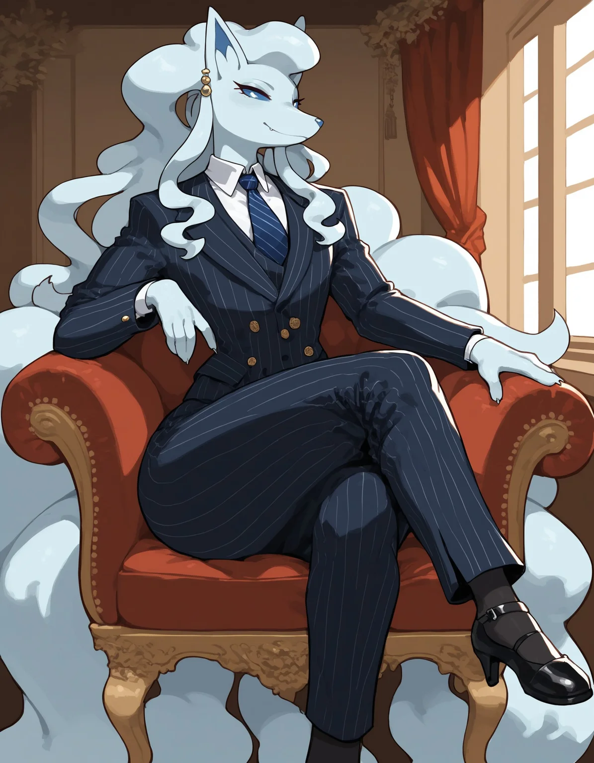 score_9, score_8_up, score_7_up, alolatales, long hair, multicolored skin, blue sclera, pokemon \(creature\), (solo), 1girl, anthro, femboy, girly, sitting, elegant, pinstripe pattern, jacket, pants, necktie, earrings, wide hips, looking at viewer, crossed legs, <lora:cefaa866-a58e-40ba-a219-79ab392f7d60:1.0>, <lora:e53e491a-5fdc-4e89-a631-132e968604de:0.9>