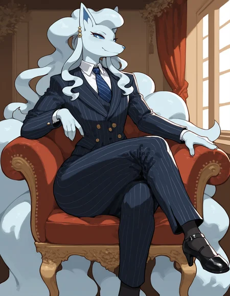 score_9, score_8_up, score_7_up, alolatales, long hair, multicolored skin, blue sclera, pokemon \(creature\), (solo), 1girl, anthro, femboy, girly, sitting, elegant, pinstripe pattern, jacket, pants, necktie, earrings, wide hips, looking at viewer, crossed legs, <lora:cefaa866-a58e-40ba-a219-79ab392f7d60:1.0>, <lora:e53e491a-5fdc-4e89-a631-132e968604de:0.9>