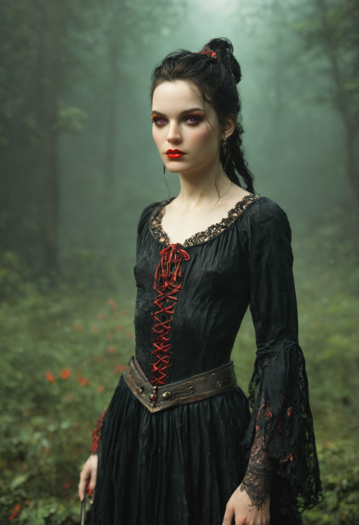 nsfw porn,  a porn image of girl shailene woodley  as Vampira - With a gothic twist on the traditional vampire aesthetic, Vampira's long black hair hangs straight down her back, framing her pale skin that seems to glow in the darkness. Her deep red lips are full and inviting while her piercing violet eyes seem to hold an otherworldly allure. A petite figure clad in a form-fitting black dress with , she wear Multiverse Hopper's Suit: Interdimensional gateways, alternate selves, multiverse navigator, boundary-pushing warrior.   , she hold  Guisarme: A polearm with a hook-shaped blade for dismounting cavalry or capturing opponents.,  she has petite body, slender, skinny ,  small breasts,  extremely detialed, unique, best quality, strong depth of field, realistic, detailed skin,  detailed bakcground,   zPDXL2 ,  OverallDetailXL ancient, medieval vibe, dark climate <lora:DetailMaximizer:1>, dramatic, medieval waepon