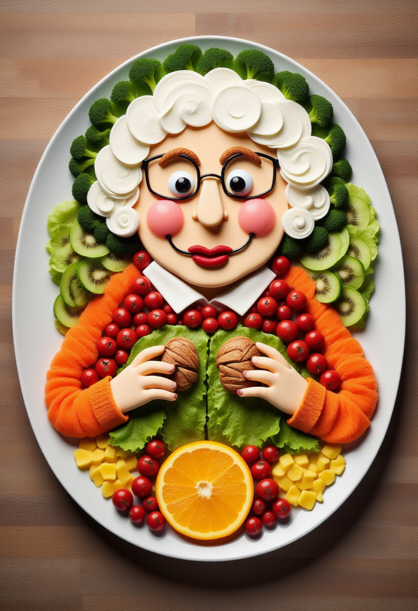 <lora:Food_Formations_FLUX-000016:0.9>
This is a photograph showcasing a meticulously arranged plate of food art, designed to a grandma knitting.