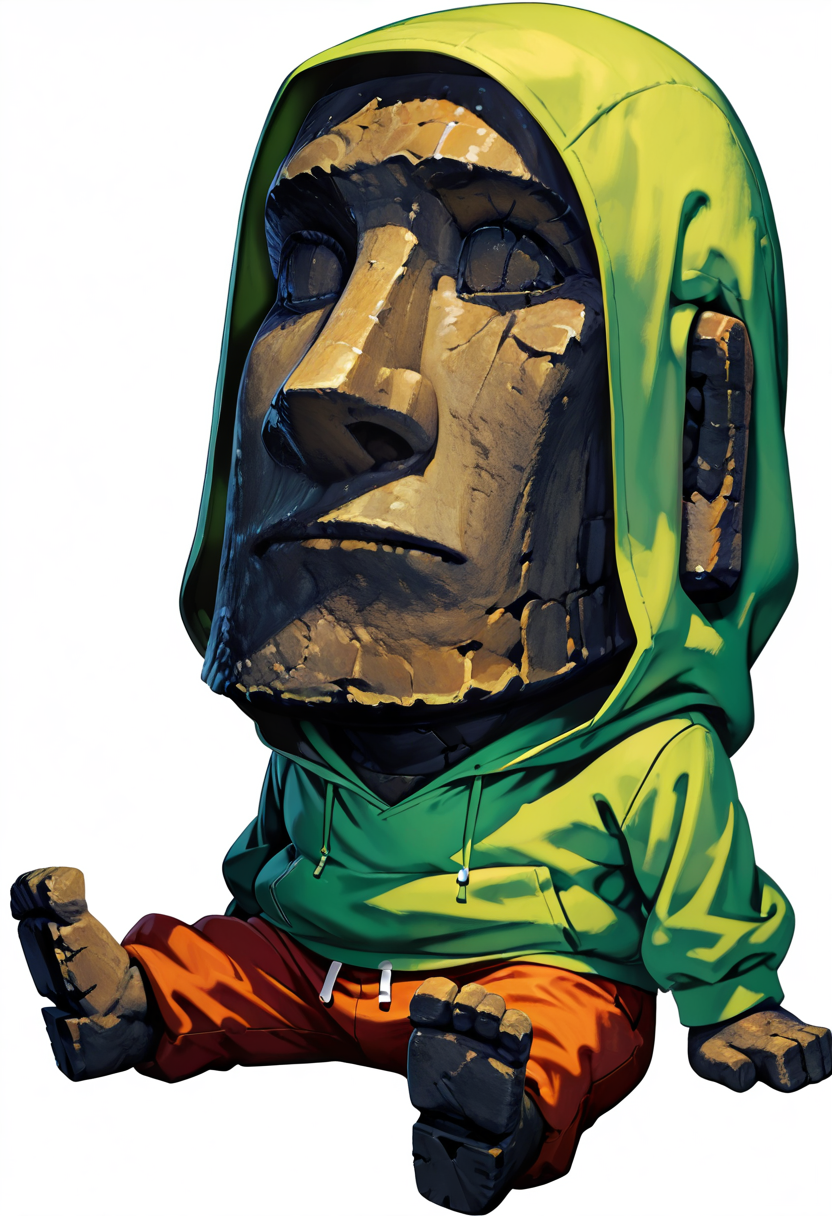 masterpiece, best quality, no humans,   zzMoai, simple background, white background, sitting, full body, pants, hood, hoodie, transparent background, green hoodie  ,<lora:MoaiEasterIsland_IXL:1.0>,