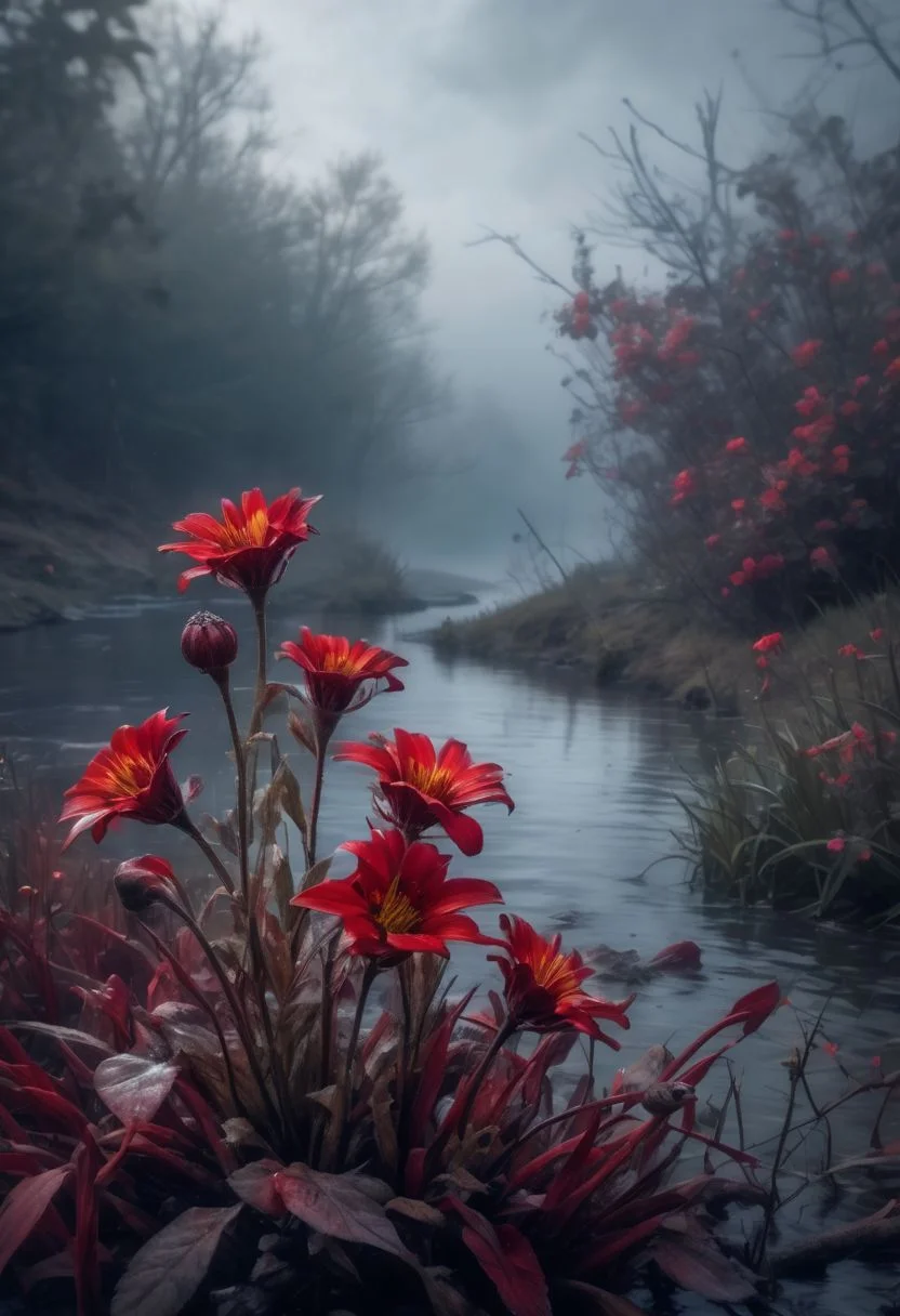 Dying red flowers, dead flowers, ultra realistic, hyper detailed, hdr, 4k, dark river, misty ambiance, mistycal
