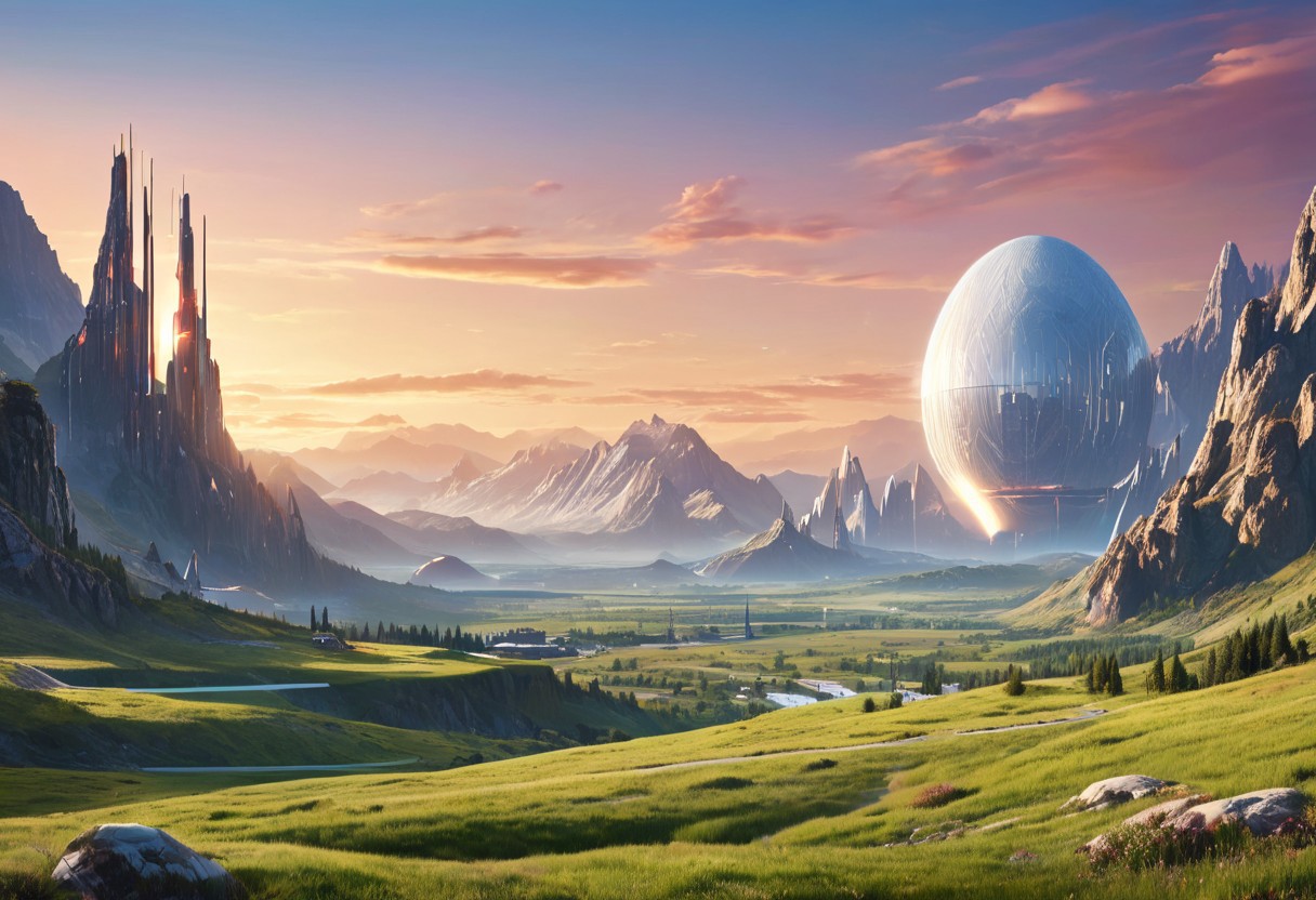 Futuristic outpost resembling a futuristic industrial park in a picturesque valley on a distant world, futuristic architecture, sleek metal structures, surrounded by green grass and long straight sidewalks of white concrete. Further away is red-gold alien vegetation and towering alien trees in the distance. The backdrop is a towering mountain range with snow-capped summits, panoramic view, brilliant blue sky with white clouds, and one large moon near the horizon. Distant horizon, sense of scale and depth, detailed and intricate design, vibrant color palette blending natural hues with futuristic tones, late summer afternoon ambiance.