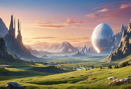Futuristic outpost resembling a futuristic industrial park in a picturesque valley on a distant world, futuristic architecture, sleek metal structures, surrounded by green grass and long straight sidewalks of white concrete. Further away is red-gold alien vegetation and towering alien trees in the distance. The backdrop is a towering mountain range with snow-capped summits, panoramic view, brilliant blue sky with white clouds, and one large moon near the horizon. Distant horizon, sense of scale and depth, detailed and intricate design, vibrant color palette blending natural hues with futuristic tones, late summer afternoon ambiance.