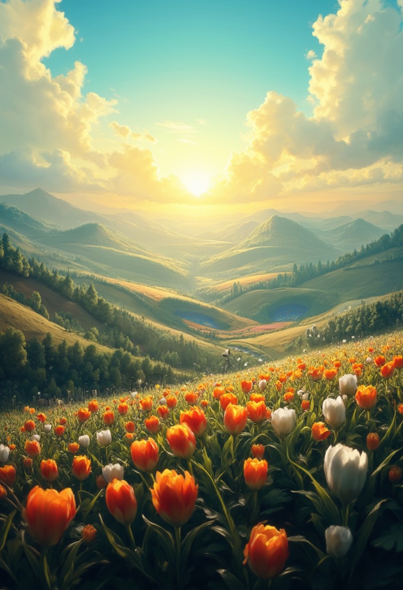 detailed background, from above,( Calm spring morning landscape), beautiful view, Flower Field, lily flower in full bloom, lily flower, early morning, sunrise sky, beautiful clouds, dappled sunlight, 
I can see a windmill in the distance, 
depth of field, masterpiece, best quality, ultra-detailed, very aesthetic, illustration, perfect composition, intricate details, absurdres, moody lighting, wisps of light, no humans,