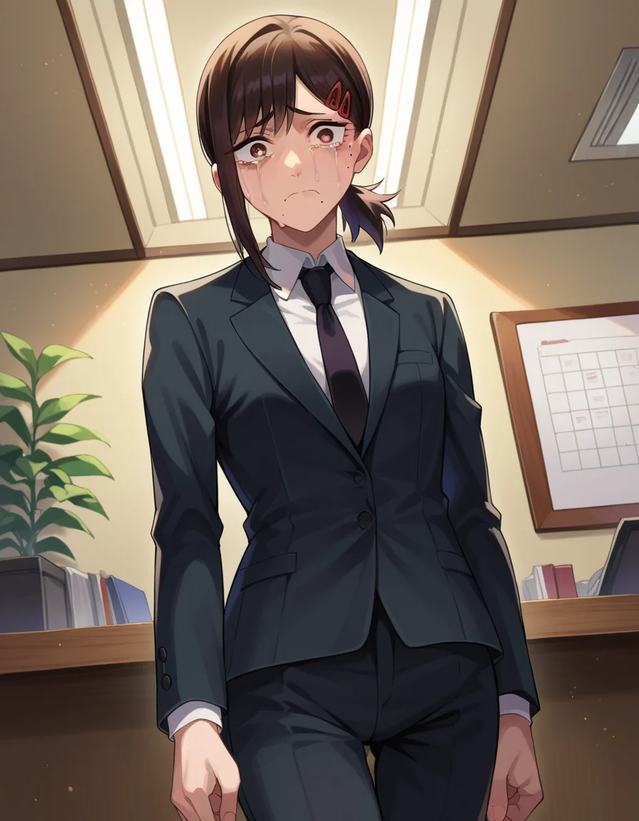 score_9, score_8_up, score_7_up, source_anime,
kobeni-higashiyama, <lora:kobeni-higashiyama-ponyxl-lora-nochekaiser:1>,
kobeni higashiyama, black hair, hair ornament, hairclip, mole, mole under eye, ponytail, short hair, brown eyes, crying, frown,
black necktie, black pants, business suit, formal, long sleeves, necktie, pants, suit,
indoors, office,
looking at viewer, cowboy shot, dutch angle,