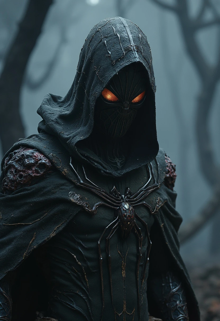 Spider-Man reimagined as a dark fantasy figure. He wears a tattered, dark robe with spider-like patterns and a hood that obscures his face. His eyes glow faintly through the hood, and his suit is now textured with organic, web-like designs. The background is a dark, misty landscape with twisted trees and faint, eerie light. The overall style is dark and mysterious, blending Spider-Man’s features with a gothic, fantasy aesthetic