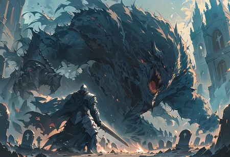 an action shot of a knight fighting a fantasy final boss, graveyard in background, Bosstyle, hkstyle, HD, masterpiece, best quality, hyper detailed, ultra detailed, super realistic