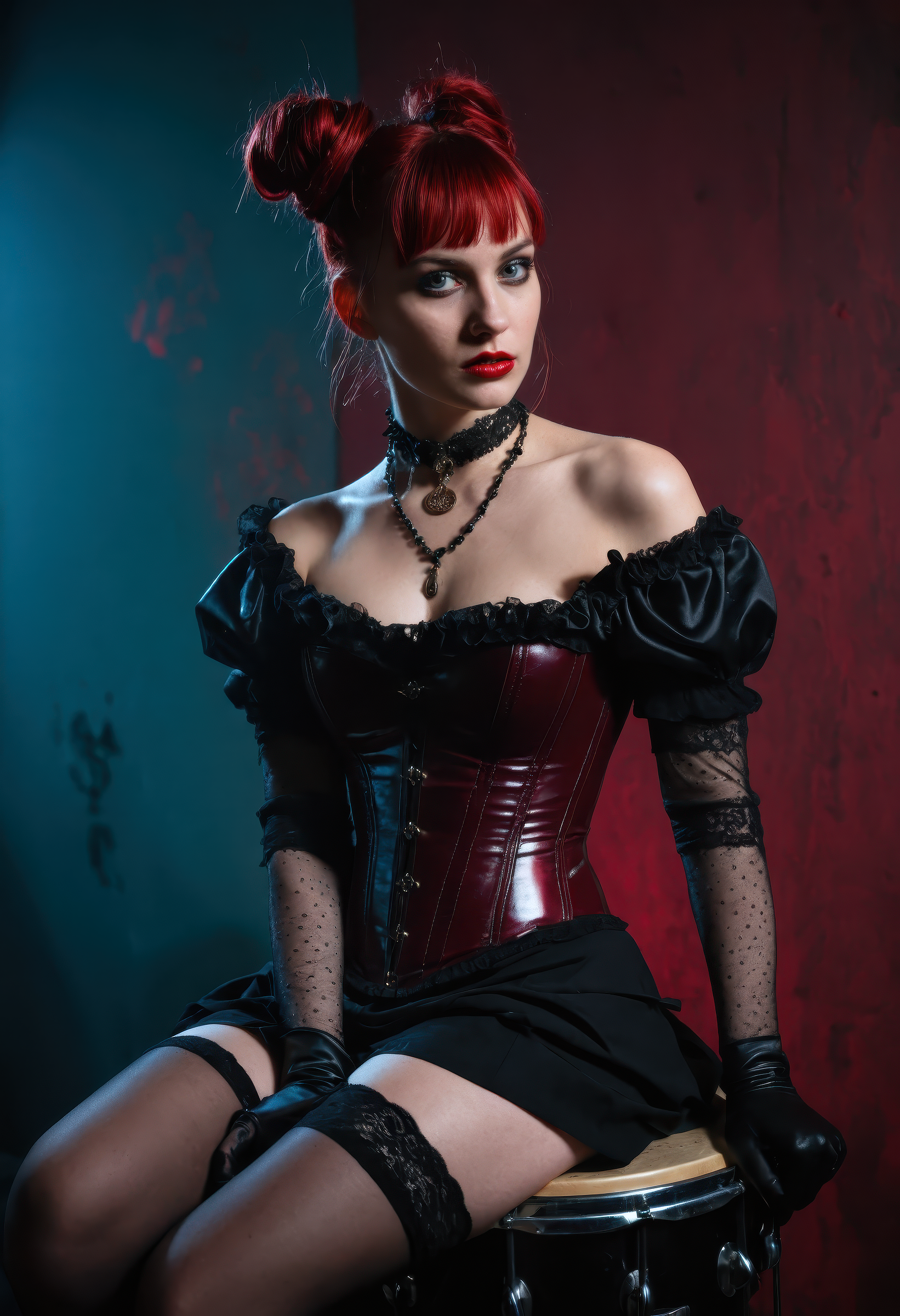 Masterpiece-quality hyperrealistic 8K portrait of a 25-year-old gothic woman seated confidently atop a battered crimson metal drum in a moody, low-key studio setup, her sultry, self-assured gaze fixed directly at the camera, pale porcelain skin contrasting sharply with her tight black Victorian corset dress featuring off-shoulder ruffled sleeves and antique brass buttons, long satin opera gloves hug her arms, while glossy thigh-high latex stockings shimmer under subtle rim lighting, hair jet-black styled into messy space buns with dark red bead ornaments, blunt bangs and loose wisps framing her face, dramatic smoky eyes, sharp winged eyeliner, deep burgundy lipstick, and a black lace choker layered with a filigree onyx pendant and dangling blood-red crystal, one gloved hand resting sensually on her thigh, the other gripping the drum, fingernails painted in glossy crimson-black, background features a distressed teal wall with faint red streaks and textured grunge, single soft key light from camera-left, cinematic shadows and gentle rim light sculpting her silhouette, shallow depth of field (f/1.4), shot on a Canon EOS R5 with an 85mm prime lens, ultra-sharp detail, visible skin pores, realistic lighting and zero visual noise