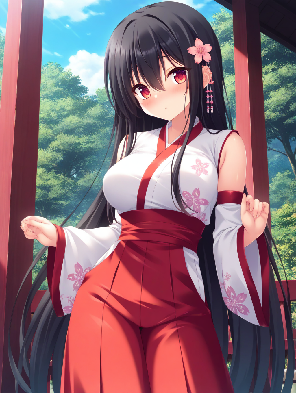 masterpiece,best quality,amazing quality,very aesthetic,absurdres,newest,scenery,<lora:Kotone_ilxl_v1-000010:0.8>,1girl,long hair,solo,standing,black hair,detached sleeves,japanese clothes,hair ornament,red eyes,skirt,miko,looking at viewer,hakama,red hakama,very long hair,breasts,hakama skirt,floral print,flower,hair flower,blush,kotone,pov