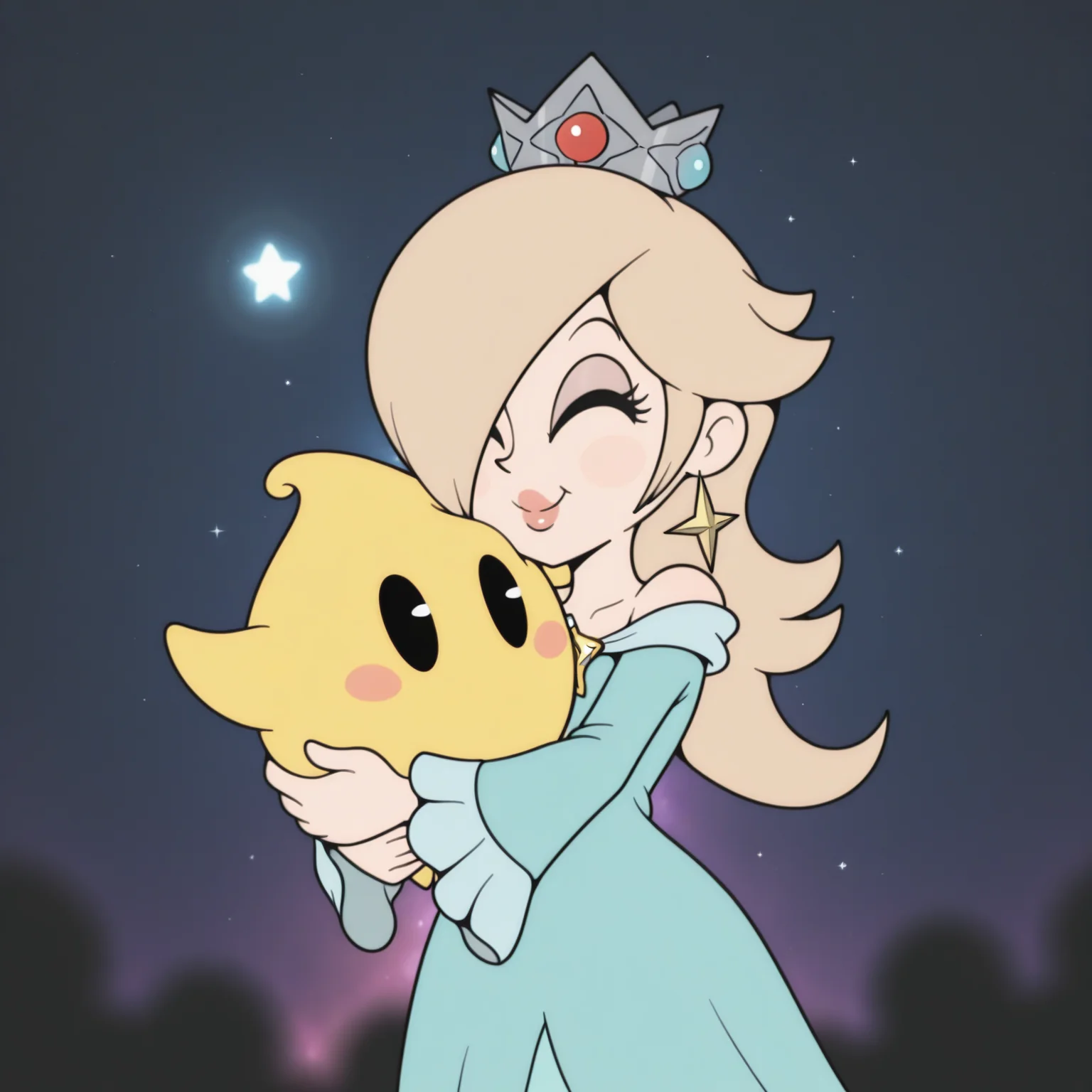 masterpiece, best quality, amazing quality, very aesthetic, absurdres, newest, RetroXL, toon \(style\), flat color, black eyes, solo, female, rosalina, hugging luma, closed eyes, happy, stars, galaxy, (blurry background), <lora:RetroToonXL_Style:1>