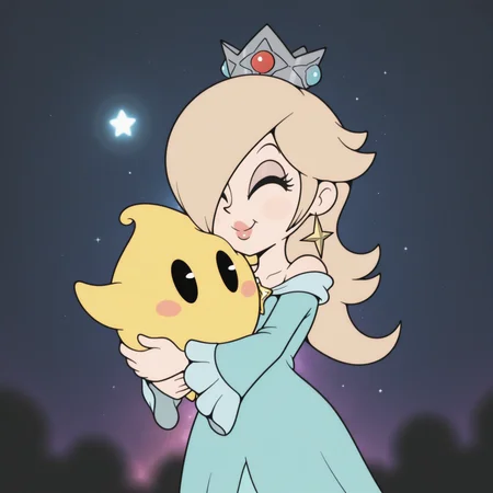 masterpiece, best quality, amazing quality, very aesthetic, absurdres, newest, RetroXL, toon \(style\), flat color, black eyes, solo, female, rosalina, hugging luma, closed eyes, happy, stars, galaxy, (blurry background), <lora:RetroToonXL_Style:1>