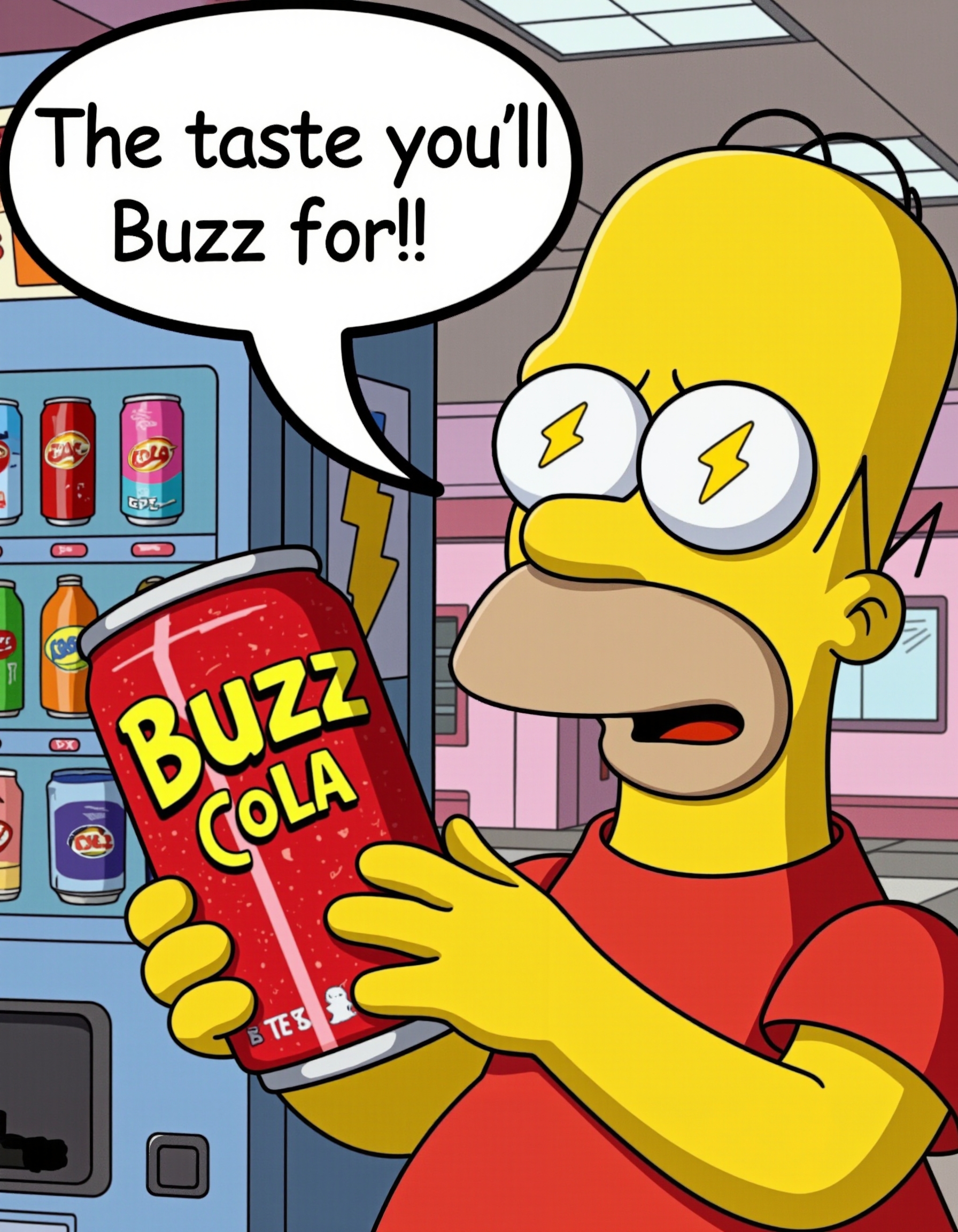 homer simpson with yellow lightning bolt symbols instead of his irises  says in speech bubble "The taste you'll Buzz for!"  holding red cola can with yellow text "Buzz Cola" on it  in a mall near vending machine, <lora:flux\Textimprover-FLUX-V0.4.safetensors:1.0:1.0>