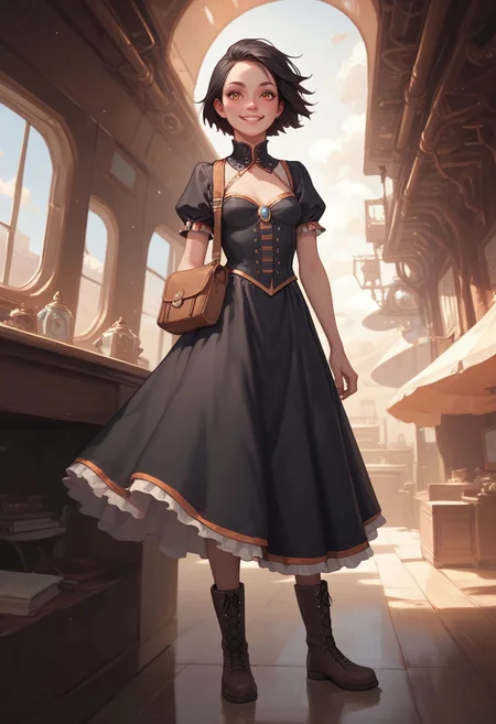 safe_pos, score_9, score_8_up, score_8_up, 1800's era fashion and technology, concept art, illustration. Steampunk, industrial revolution,
1girl, age in mid20s, crooked smile, parted lips, (black hair), short hair, freckles, hazel eyes, (small breasts;1.3), long full-length black bowsette dress with orange trim, brown messenger bag. Wearing riding boots, she is looking out a porthole window, standing inside a passenger compartment aboard a dirigible airship, high res image, masterpiece, detailed background, perfection style