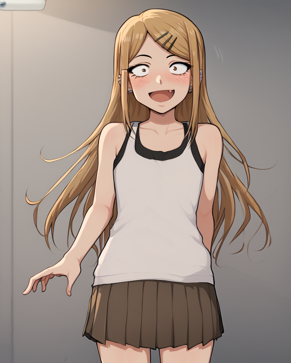score_9, score_8_up, score_7, 1girl, solo, indoors, endou_saya, sanpaku, brown eyes, blonde hair, long hair, hairclip, white shirt, tank top, pleated skirt, <lora:endou_saya:1>, hair ornament, hairclip, long hair, ear piercing, jewelry, looking at viewer, blush, small breasts, open mouth, fang, collarbone, constricted pupils, bare shoulders, smile, standing,  <lora:AfrobullLycoXL:1>