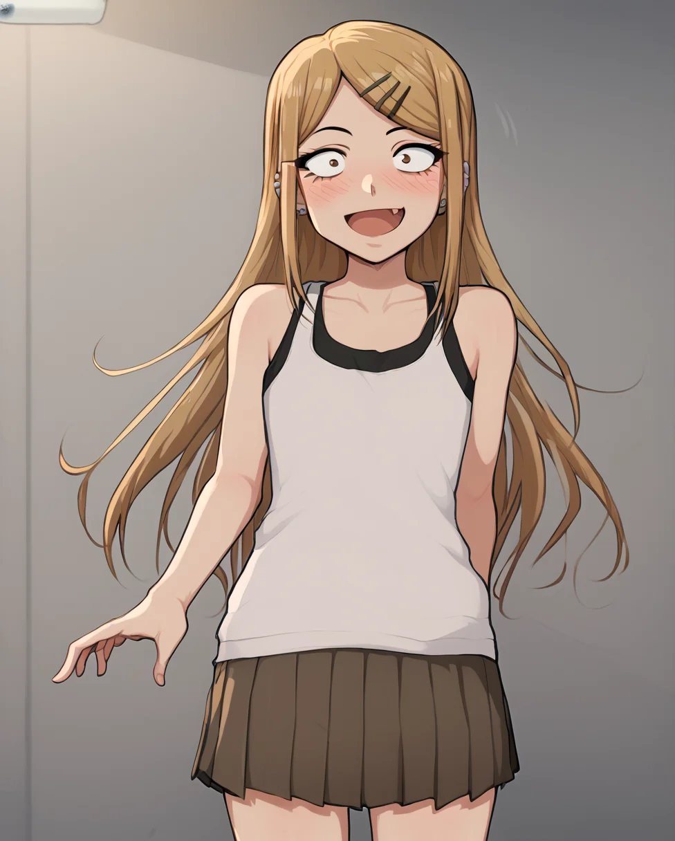 score_9, score_8_up, score_7, 1girl, solo, indoors, endou_saya, sanpaku, brown eyes, blonde hair, long hair, hairclip, white shirt, tank top, pleated skirt, <lora:endou_saya:1>, hair ornament, hairclip, long hair, ear piercing, jewelry, looking at viewer, blush, small breasts, open mouth, fang, collarbone, constricted pupils, bare shoulders, smile, standing, <lora:AfrobullLycoXL:1>