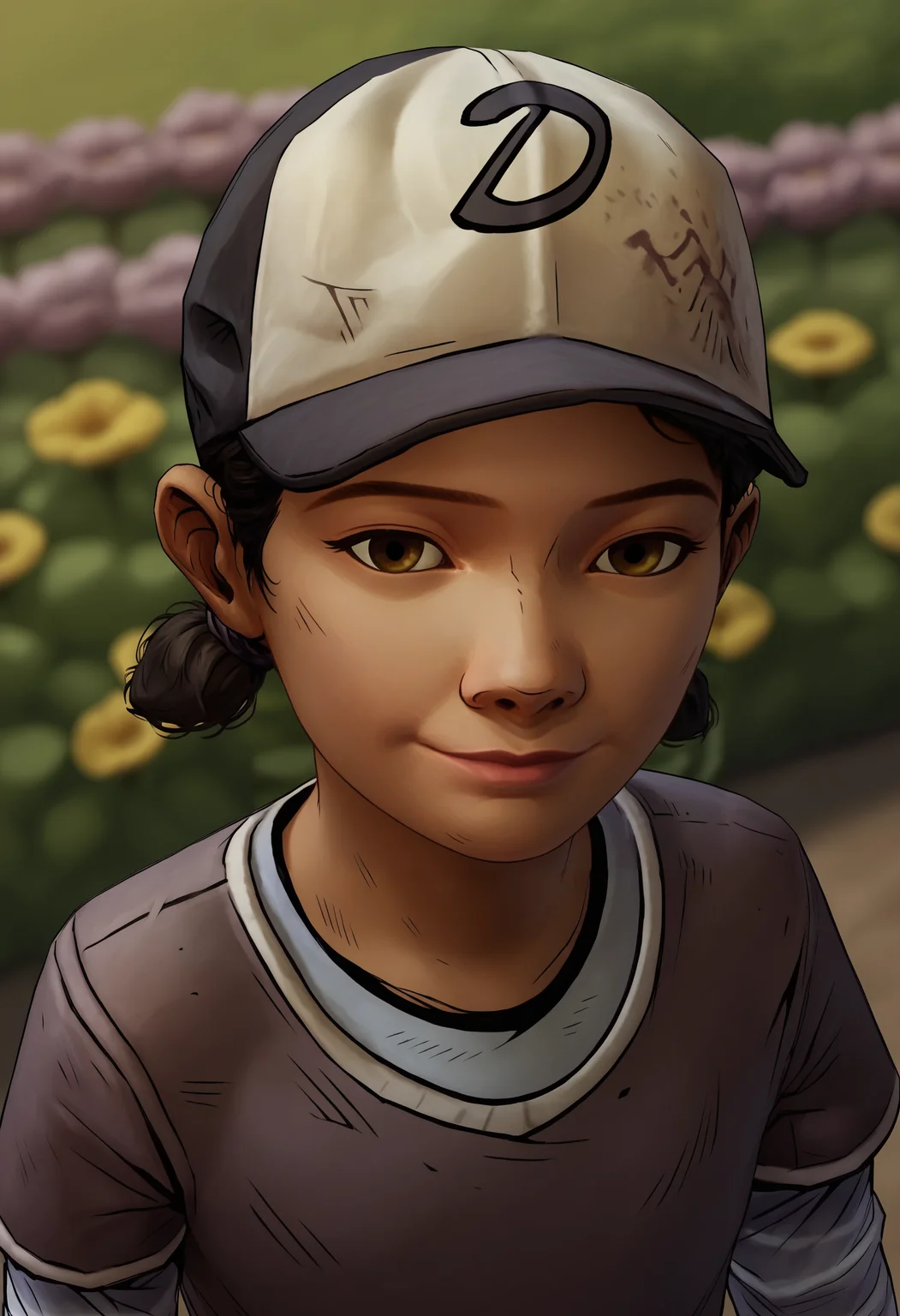 score_9, score_8_up, score_7_up, score_6_up, score_5_up, score_4_up, 1girl, <lora:ClementineS2:0.85> black hair, short twintails, brown eyes, dark skin, hat, baseball cap, shirt, layered sleeves, short over long sleeves, long sleeves, pants, upper body, lips, eyes half closed, smirk, looking at viewer, from above,
(garden background), flowers, blurry background,