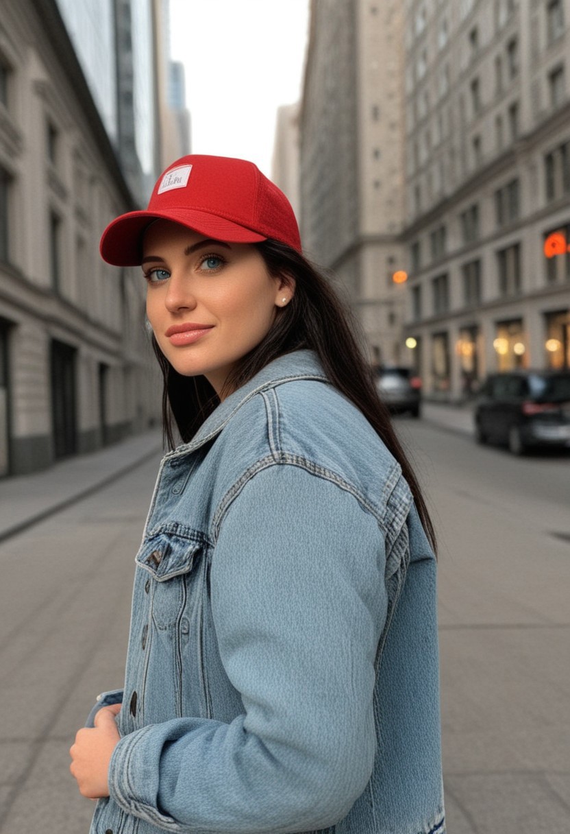 30yo woman posing for pic in front of tall building.
Blue eyes. small perfecteyes 
Wearing ripped Denim jacket red trucker hat
no makeup. Clear skin.  realistic skin style
Long dark black slick back hair. No makeup. Dusk, Street light. Looking at camera POV. Slight smile, tilting head.. Tilt head.
Medium Close Up shot. Bokeh. Bokeh light.