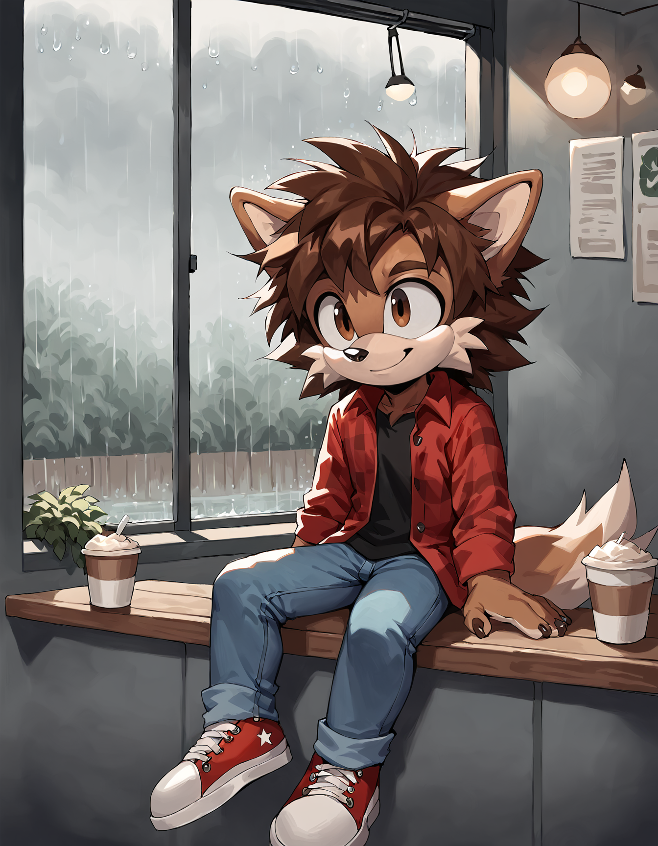 score_9, score_8_up, rating_safe, Sonic (series), solo, 1boy, Anthro wolf, smile, short stack, brown hair, brown fur, brown eyes, messy hair, medium hair, jeans, converse, red flannel, black shirt, inside cafe, rain, overcast sky <lora:Smooth Anime 2 Style SDXL_LoRA_Pony Diffusion V6 XL:0.6> <lora:sonicmegacollection:0.8>