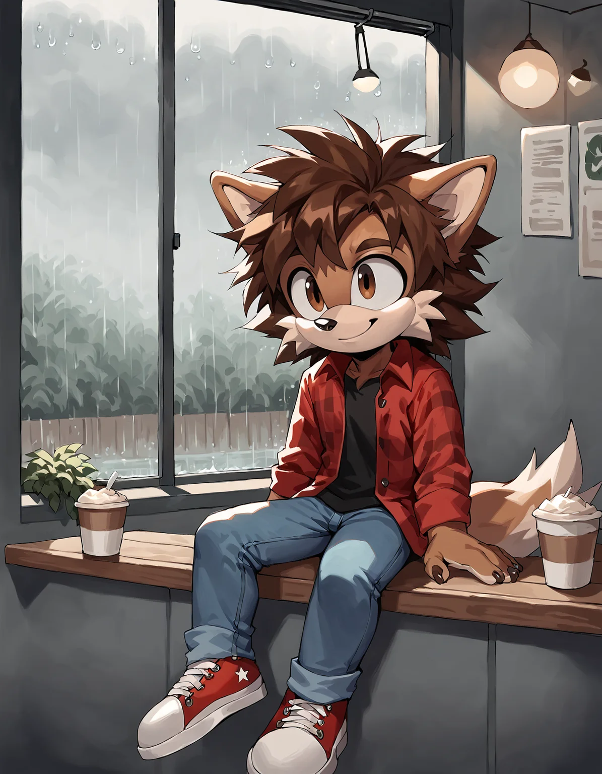 score_9, score_8_up, rating_safe, Sonic (series), solo, 1boy, Anthro wolf, smile, short stack, brown hair, brown fur, brown eyes, messy hair, medium hair, jeans, converse, red flannel, black shirt, inside cafe, rain, overcast sky <lora:Smooth Anime 2 Style SDXL_LoRA_Pony Diffusion V6 XL:0.6> <lora:sonicmegacollection:0.8>