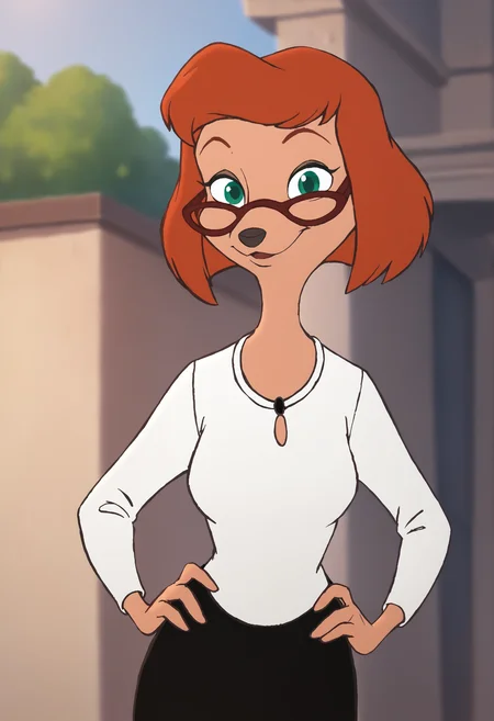 sylvia, 1girl, solo, orange hair, short hair, green eyes, furry female, glasses, smile, white shirt, black skirt,necklace, looking at viewer, hand on own hip, cowboy shot,, score_9, score_8_up, score_7_up, score_6_up, score_5_up, score_4_up <lora:SylviaMarpolePony1.0:1>